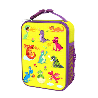 Yellow rectangular pouch with colorful dragon illustrations on a white background