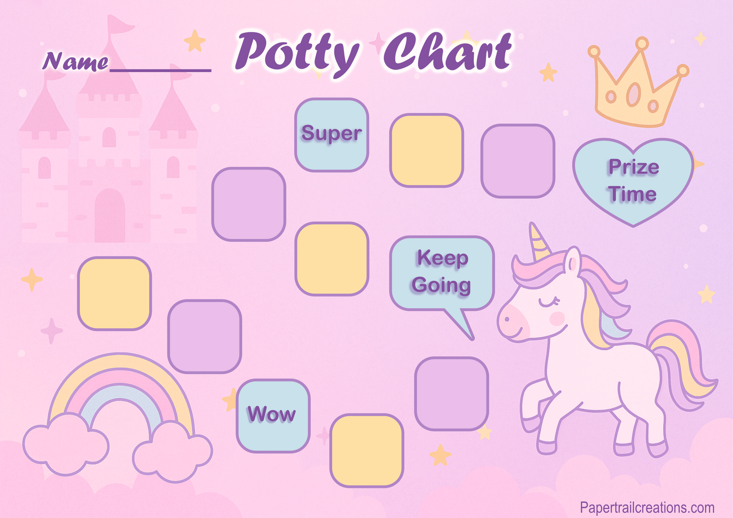 Potty chart with a unicorn, rainbow, and castle on a pink background