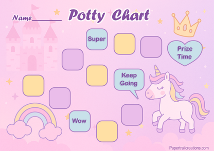 Potty chart with a unicorn, rainbow, and castle on a pink background
