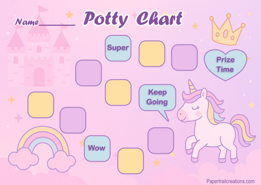 Potty chart with a unicorn, rainbow, and castle on a pink background