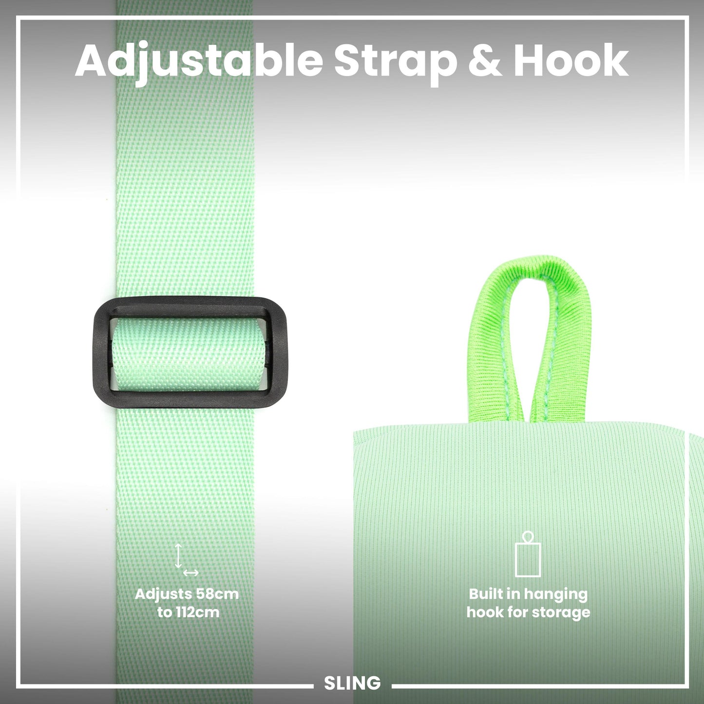 Green sling with adjustable strap and built-in hanging hook on a gray background