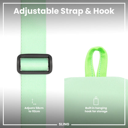 Green sling with adjustable strap and built-in hanging hook on a gray background