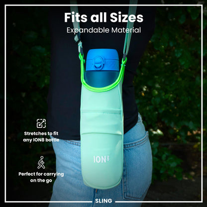 Expandable water bottle sling with blue top and green bottom, featuring the Ion8 brand.