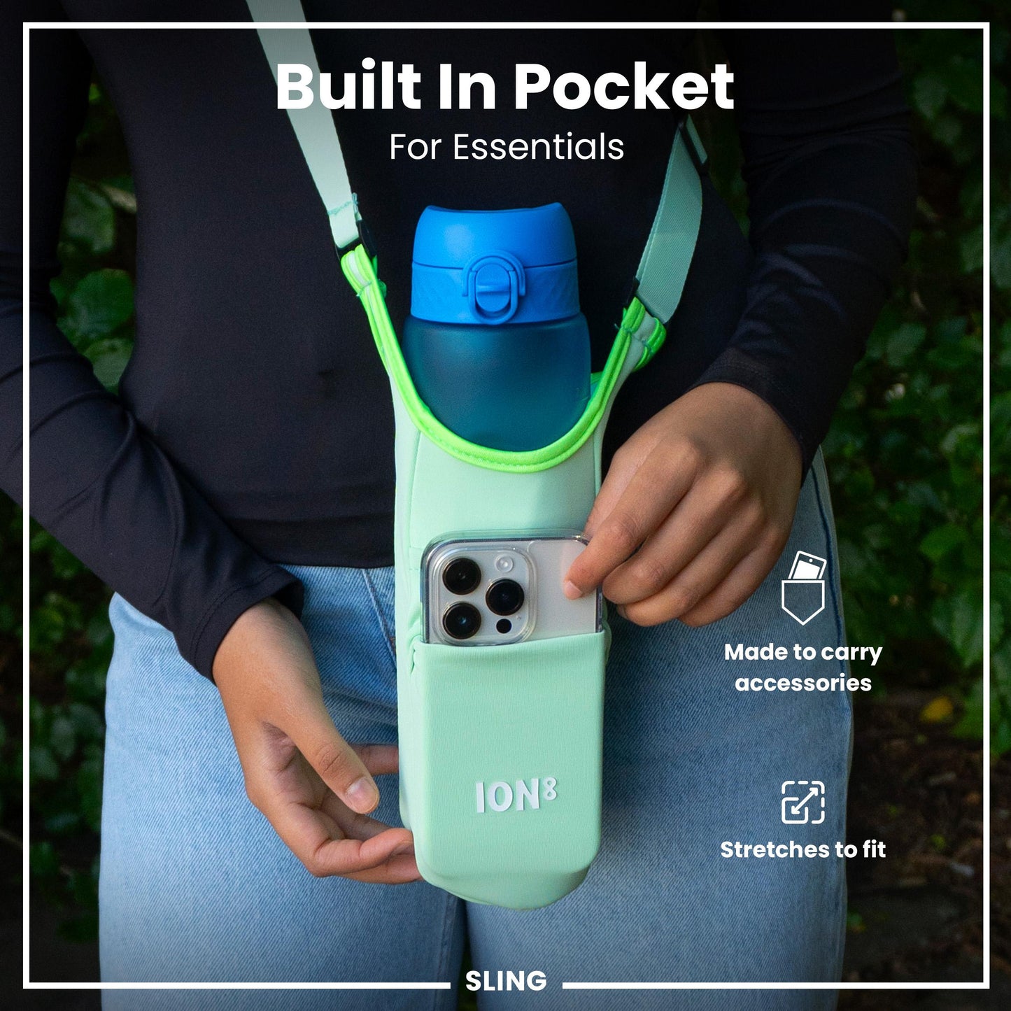 Person holding a phone case with a built-in pocket for essentials, featuring the brand 'ION3'.