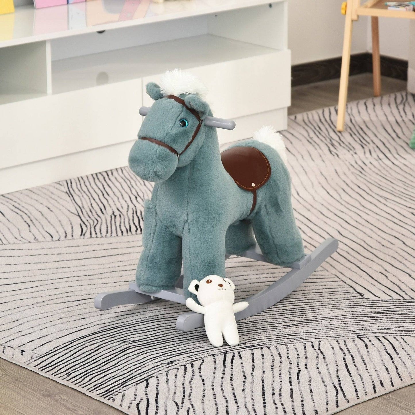 Plush Blue Rocking Horse with Sounds & Toy Bear (18–36 Months