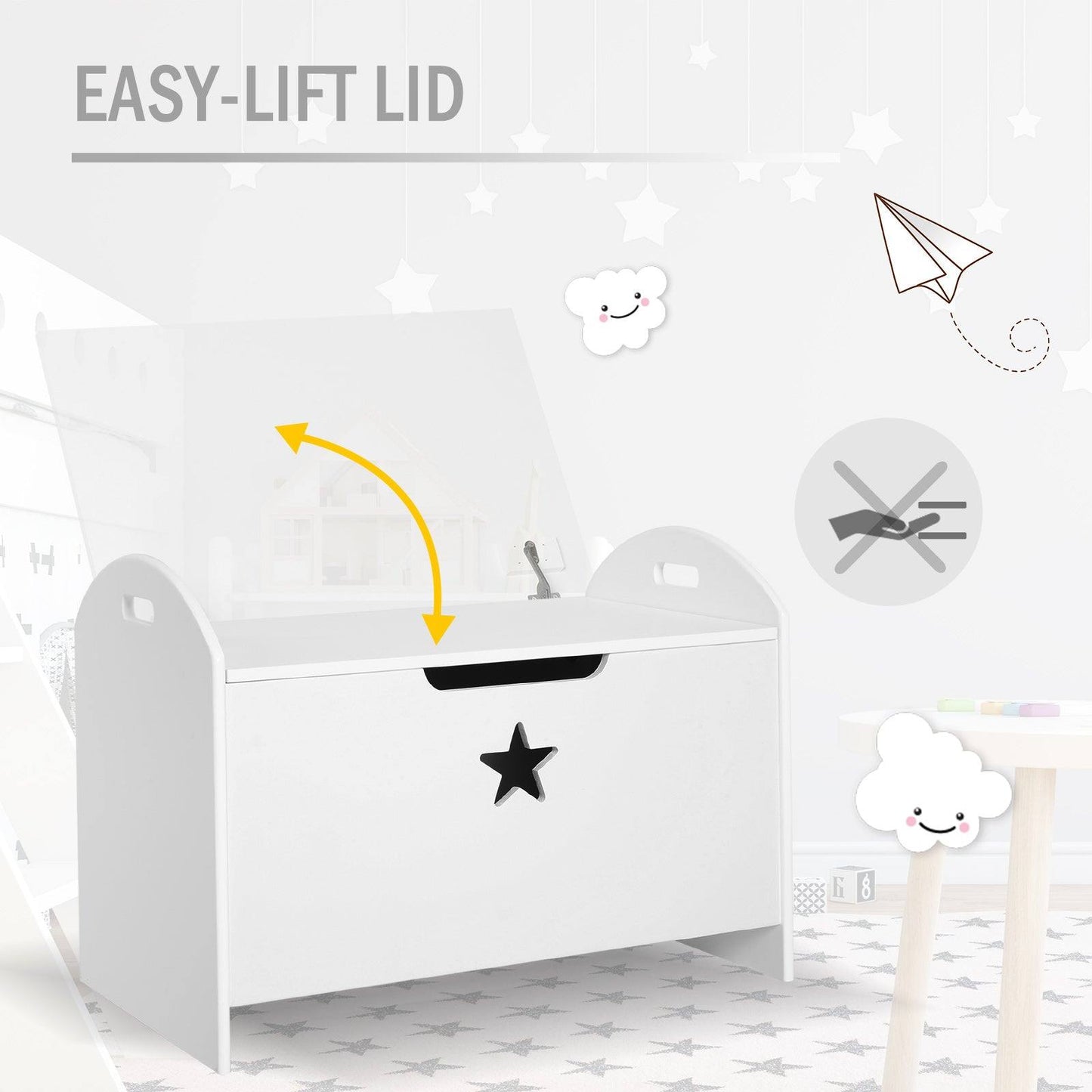 White Wooden Kids Toy Box – Storage Chest with Safety Hinge & Star Detail
