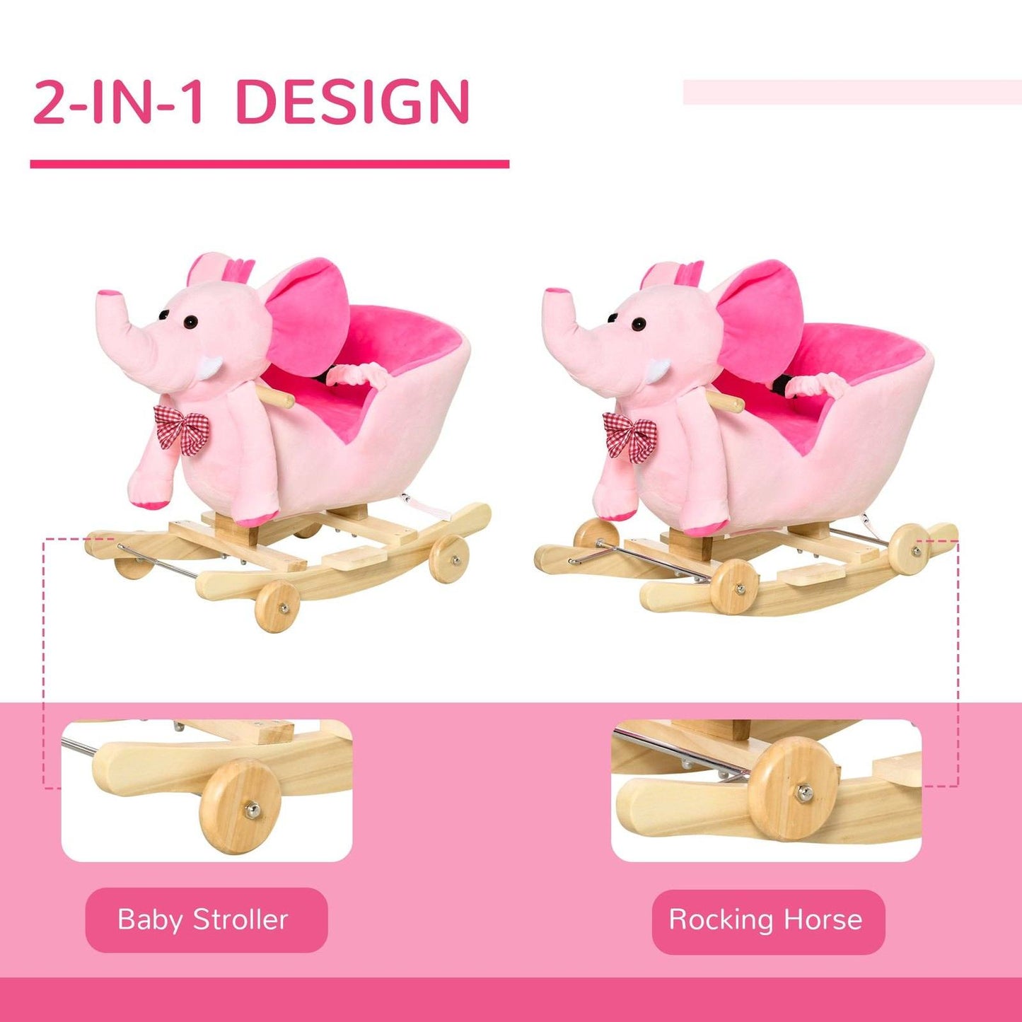 2-in-1 Plush Elephant Rocker with Wheels & 32 Songs – Pink