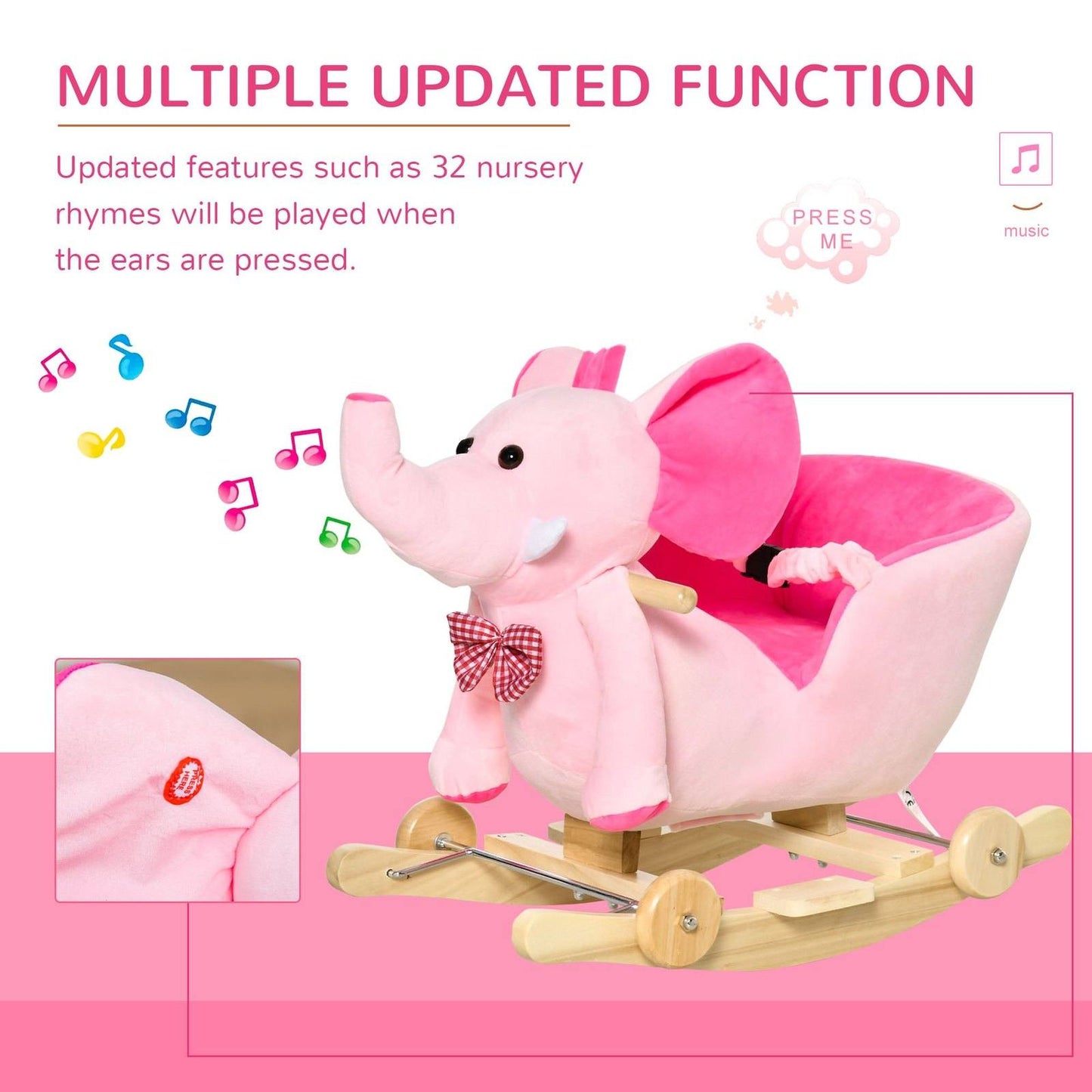 2-in-1 Plush Elephant Rocker with Wheels & 32 Songs – Pink