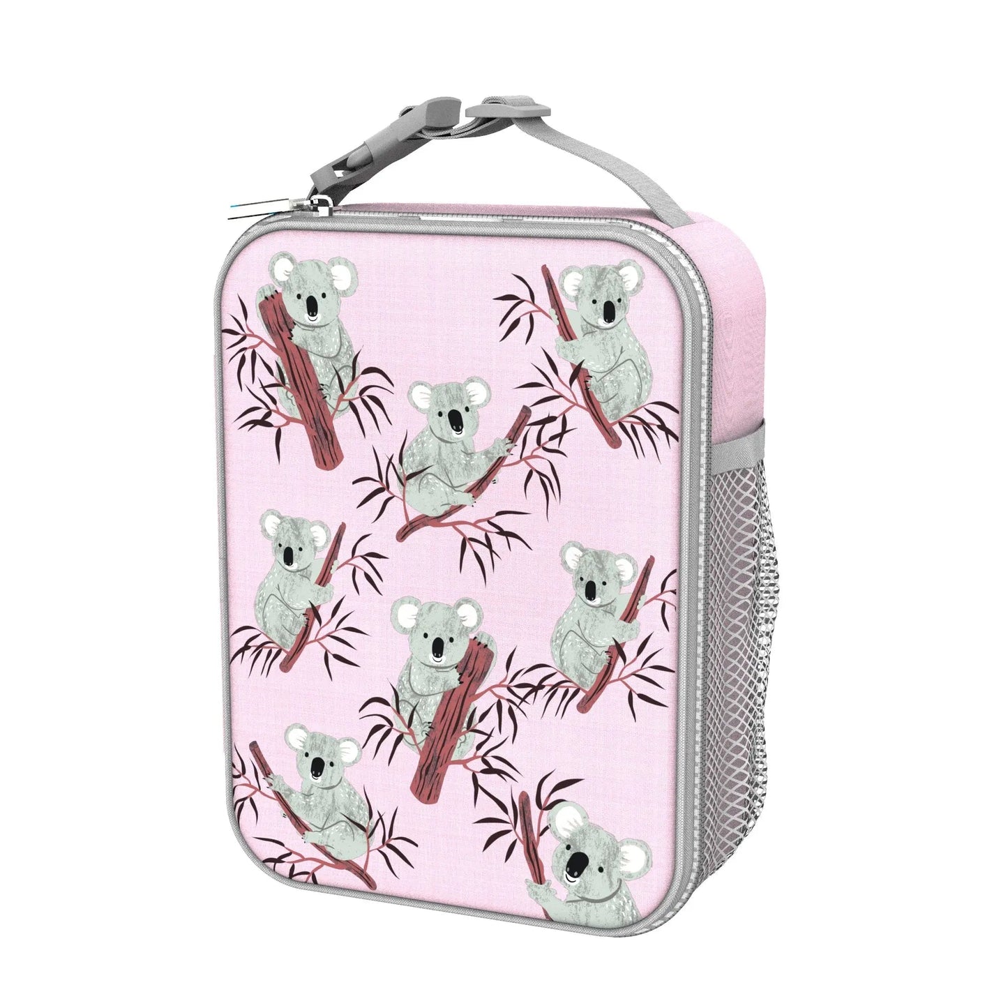 Pink rectangular pouch with koala designs on a white background