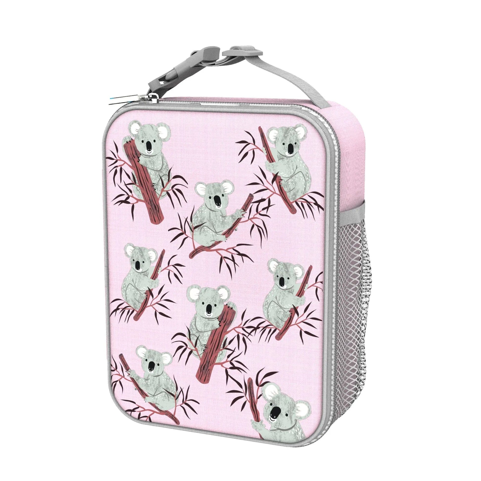 Pink rectangular pouch with koala designs on a white background