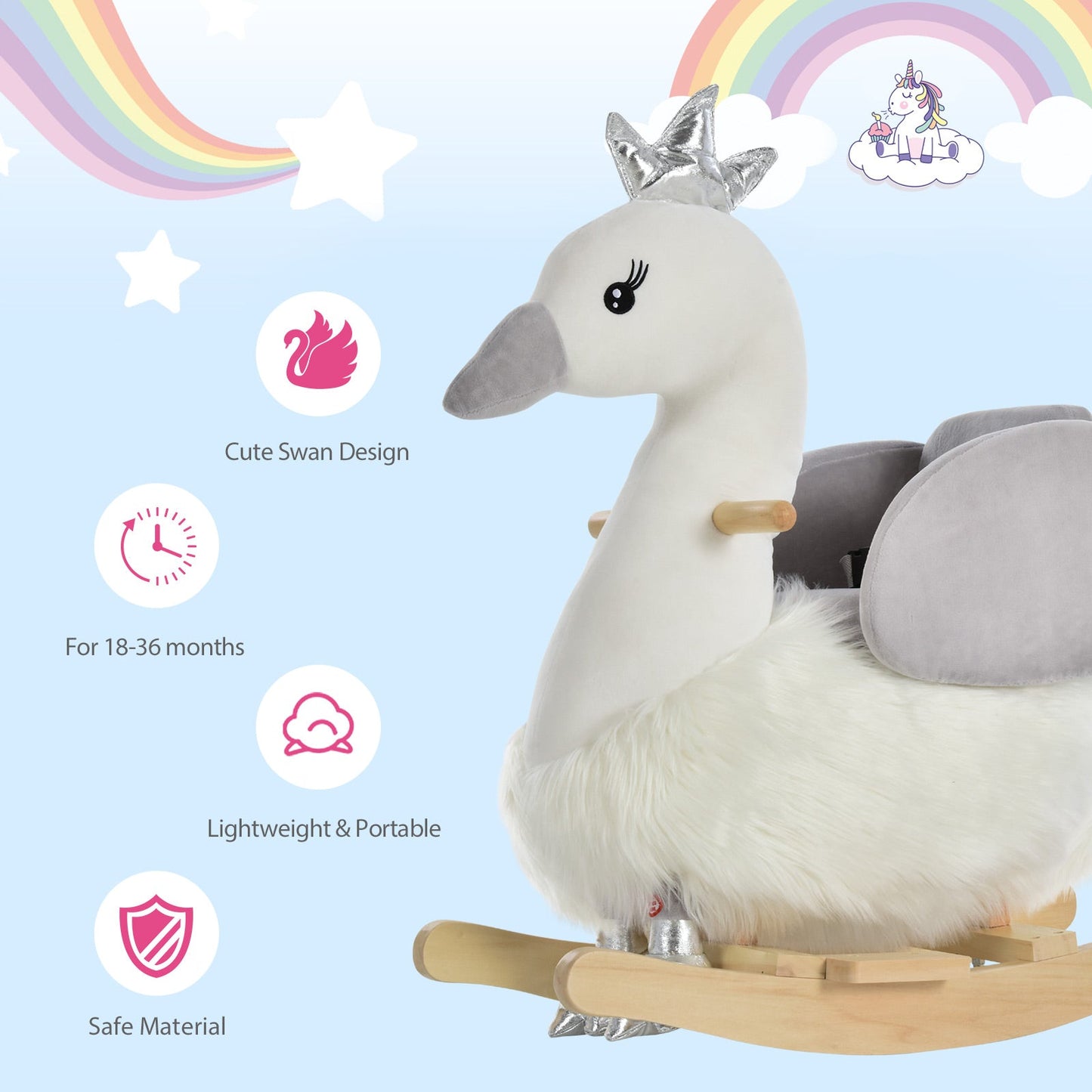 Plush Swan Rocking Ride-On Toy with Sound – White & Grey