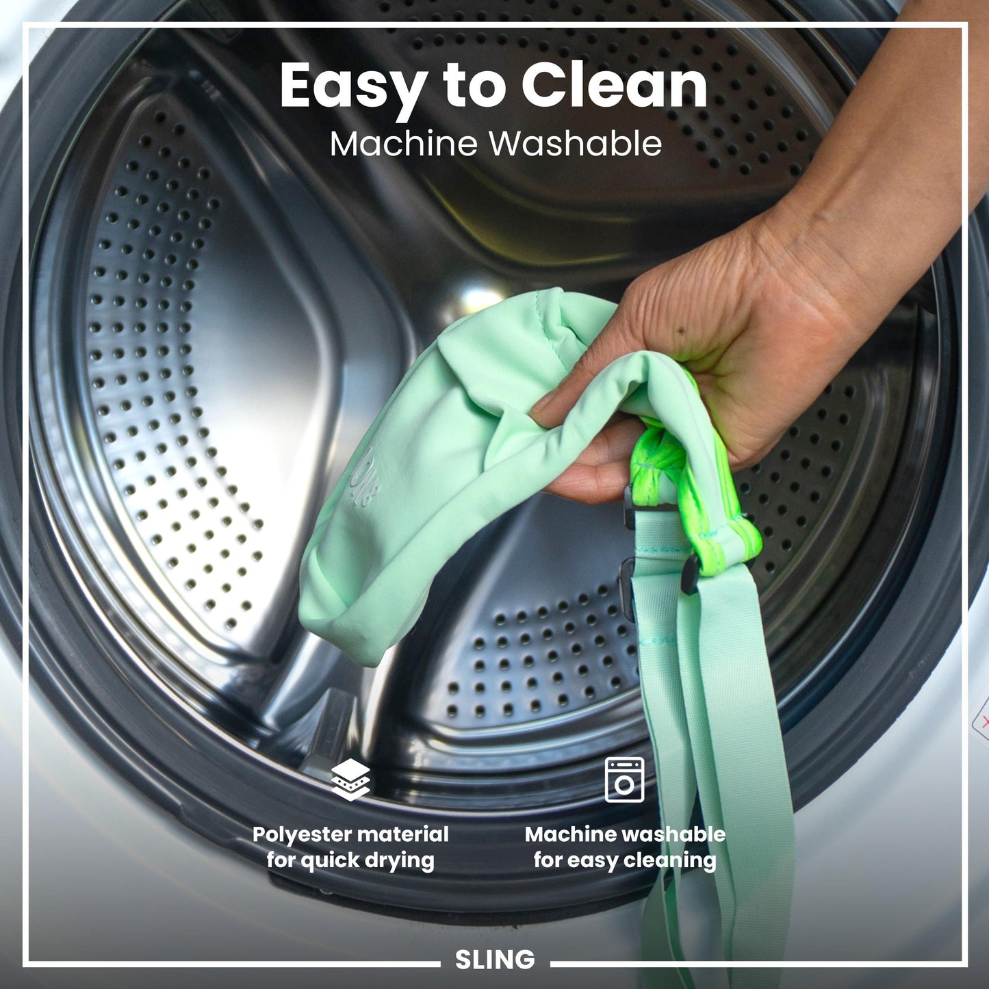 Hand holding a green sling in front of a washing machine with text about ease of cleaning.