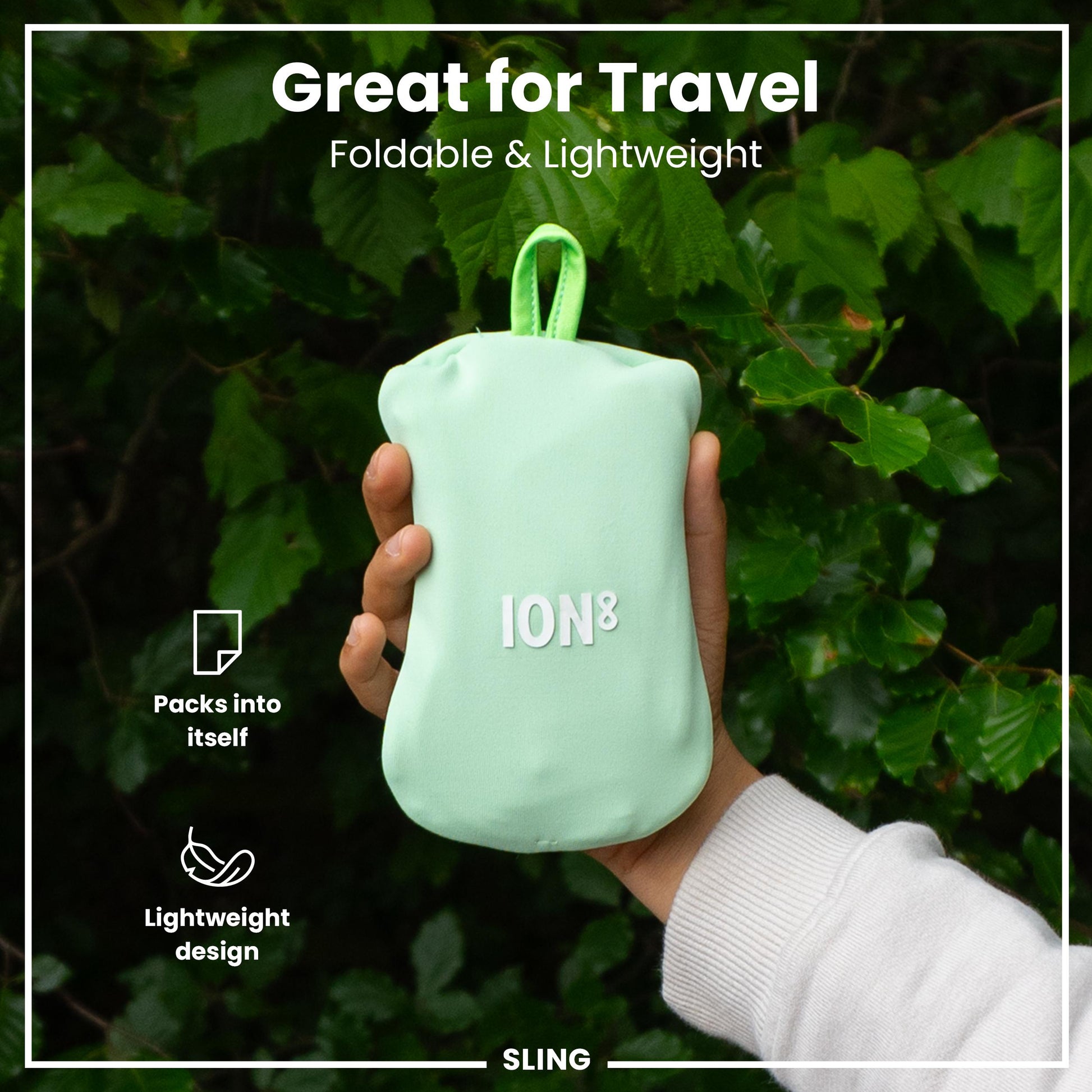 Foldable and lightweight pouch held by a hand with green leaves in the background, featuring the brand 'ION3'.