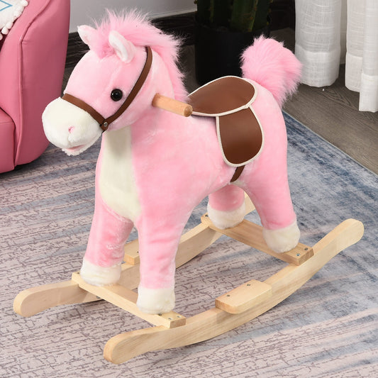Pink Plush Rocking Horse Toy with Sound, Moving Mouth & Tail – HOMCOM