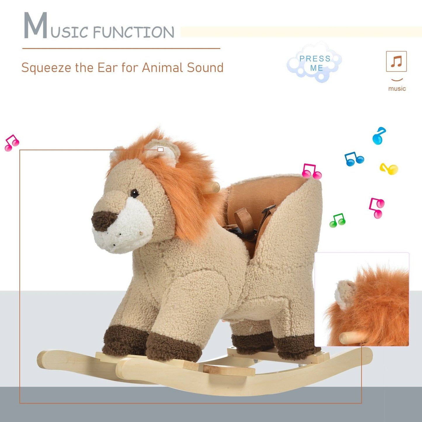 Plush Lion Rocking Horse Ride-On Toy with Sound & Safety Belt – HOMCOM