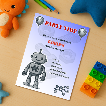 Birthday party invitation with robot design on a wooden surface with toys around