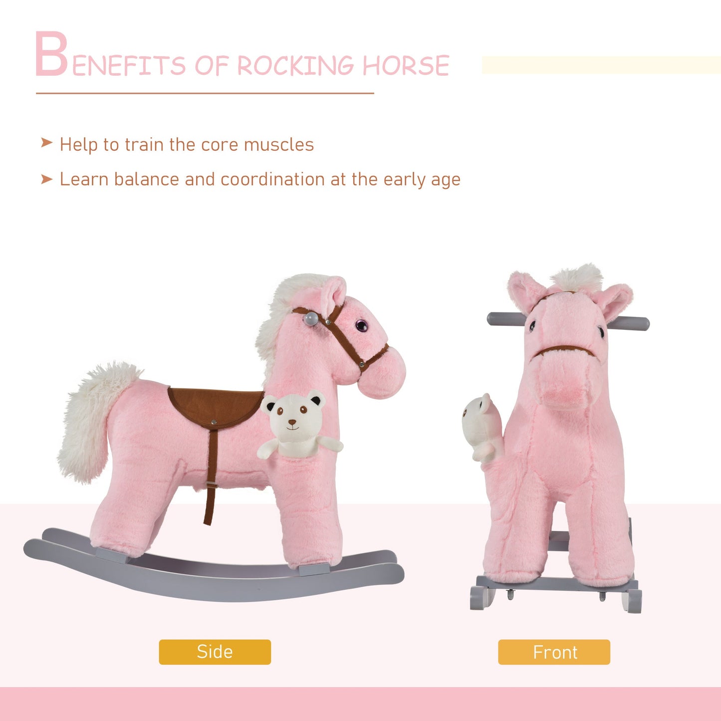 Plush Ride-On Rocking Horse with Sounds – Pink (18–36 Months)