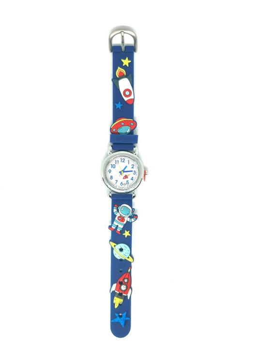 Children's watch with a blue strap featuring space-themed designs on a white background