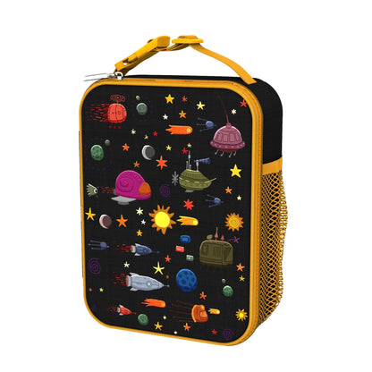 Children's lunch bag with space-themed design on a white background