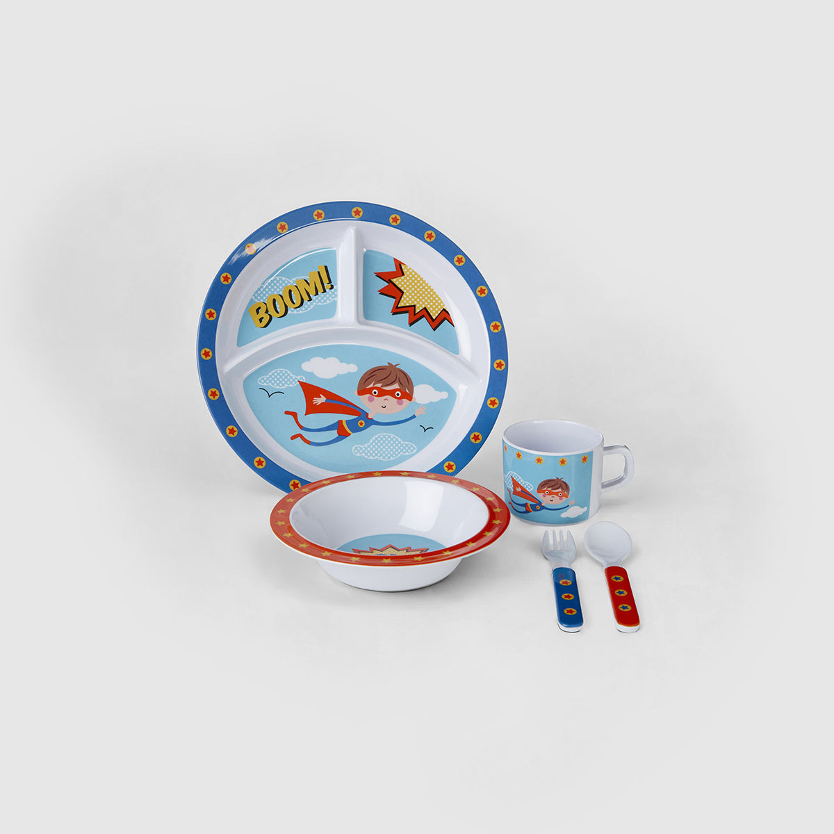 Children's dinner set with plate, bowl, mug, and spoon featuring superhero design on a white background.