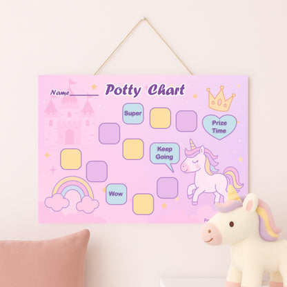 Potty chart with unicorn design on a pink background, hanging on a wall.