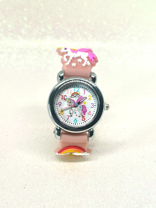 Children's watch with a pink strap featuring a unicorn design on a white background
