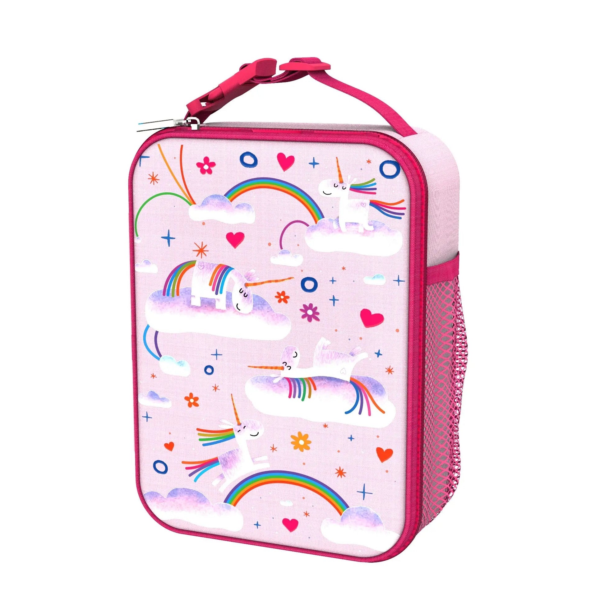 Pink lunch bag with unicorn and rainbow design on a white background