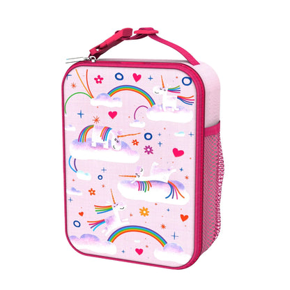 Pink lunch bag with unicorn and rainbow design on a white background