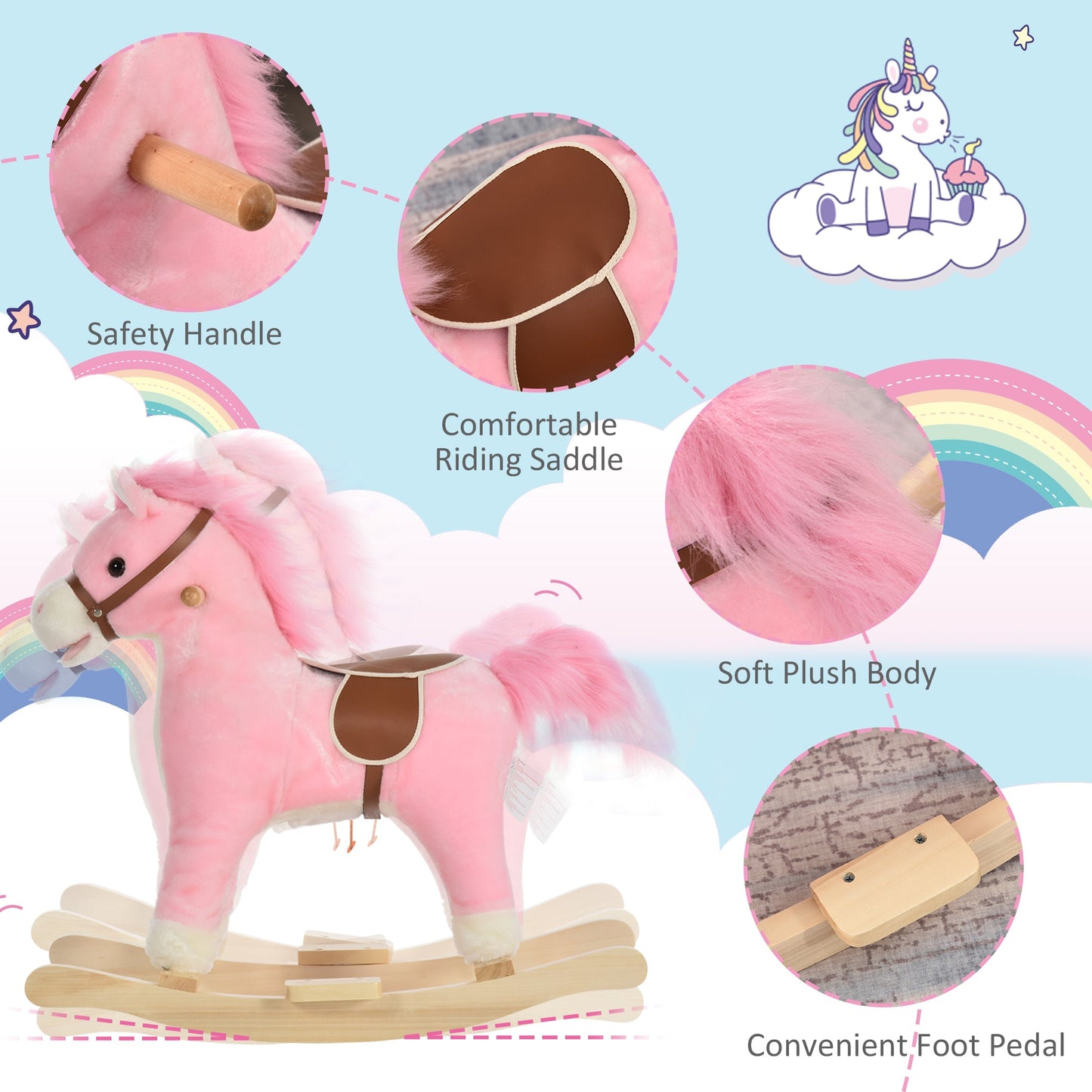 Pink Plush Rocking Horse Toy with Sound, Moving Mouth & Tail – HOMCOM
