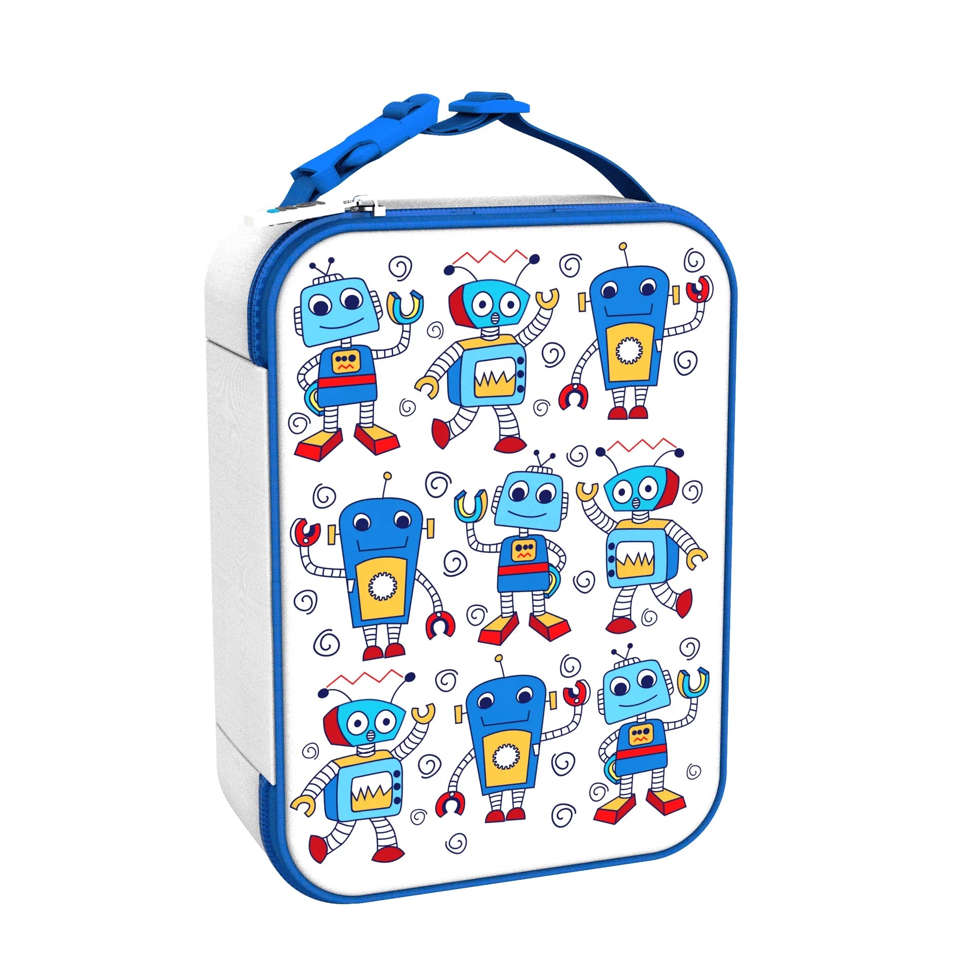 Rectangular pouch with robot pattern on a white background