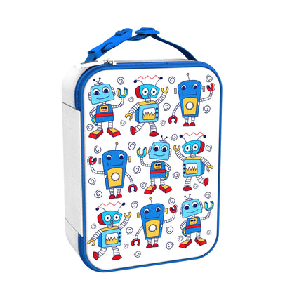 Rectangular pouch with robot pattern on a white background