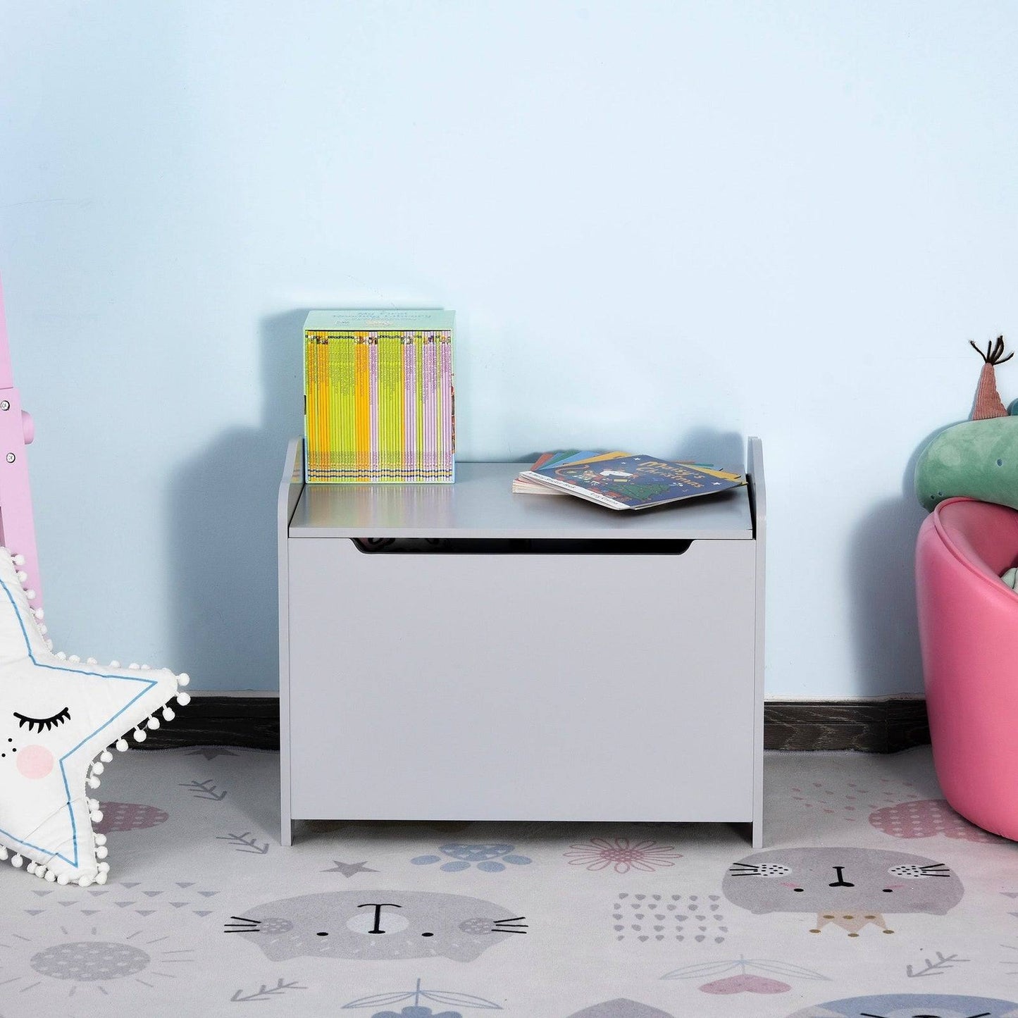 Grey Wooden Kids Toy Box – Storage Chest with Safety Hinge