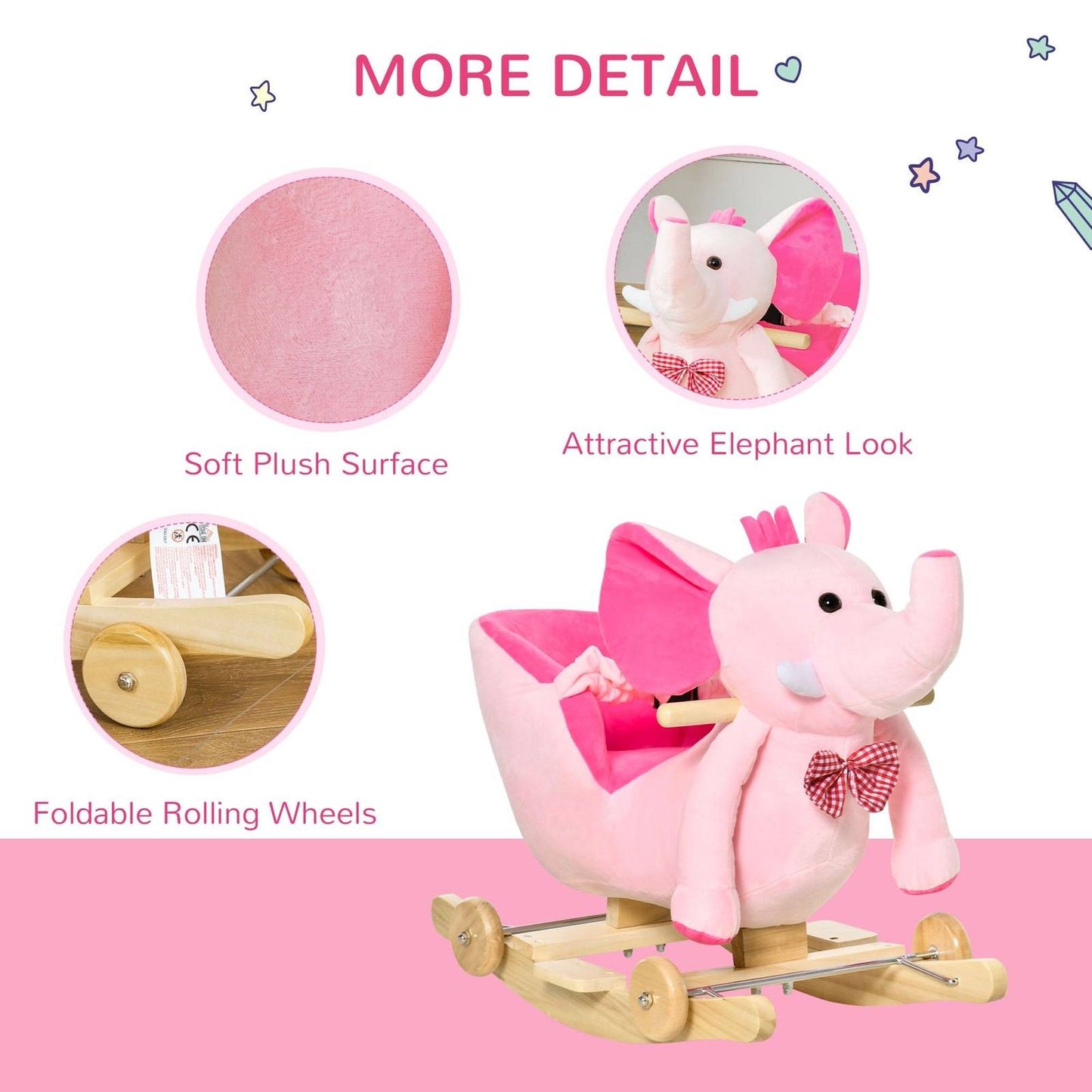 2-in-1 Plush Elephant Rocker with Wheels & 32 Songs – Pink