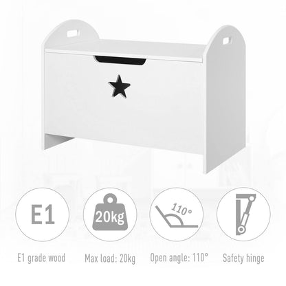 White Wooden Kids Toy Box – Storage Chest with Safety Hinge & Star Detail